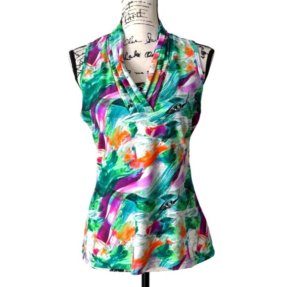 Tzu Tzu Womens Sleeveless Top V-Neck Abstract Green White Purple Size M - Picture 1 of 7